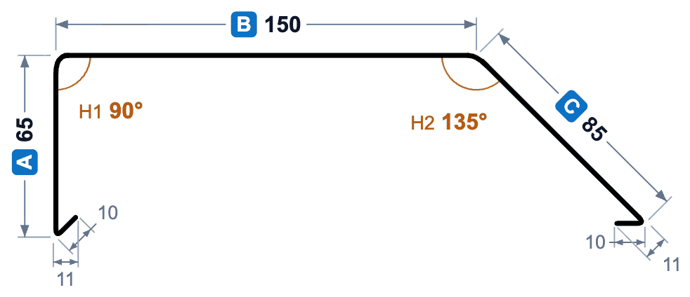 Maattekening met maat A 65 mm, B 150 mm en C 85 mm, hoeken van 90 en 135 graden en een waterkering van 10 mm aan beide uiteinden