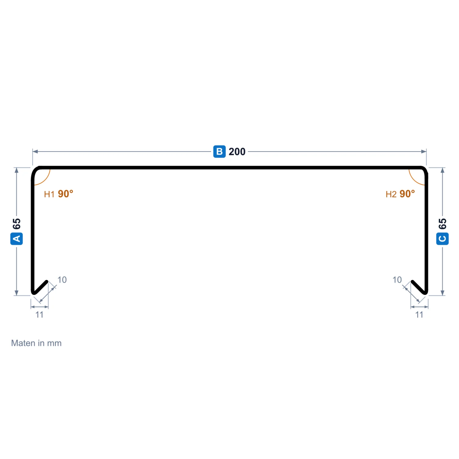 Profieltekening afdekkap in koper met buitenmaten, voorbeeld uit de configurator
