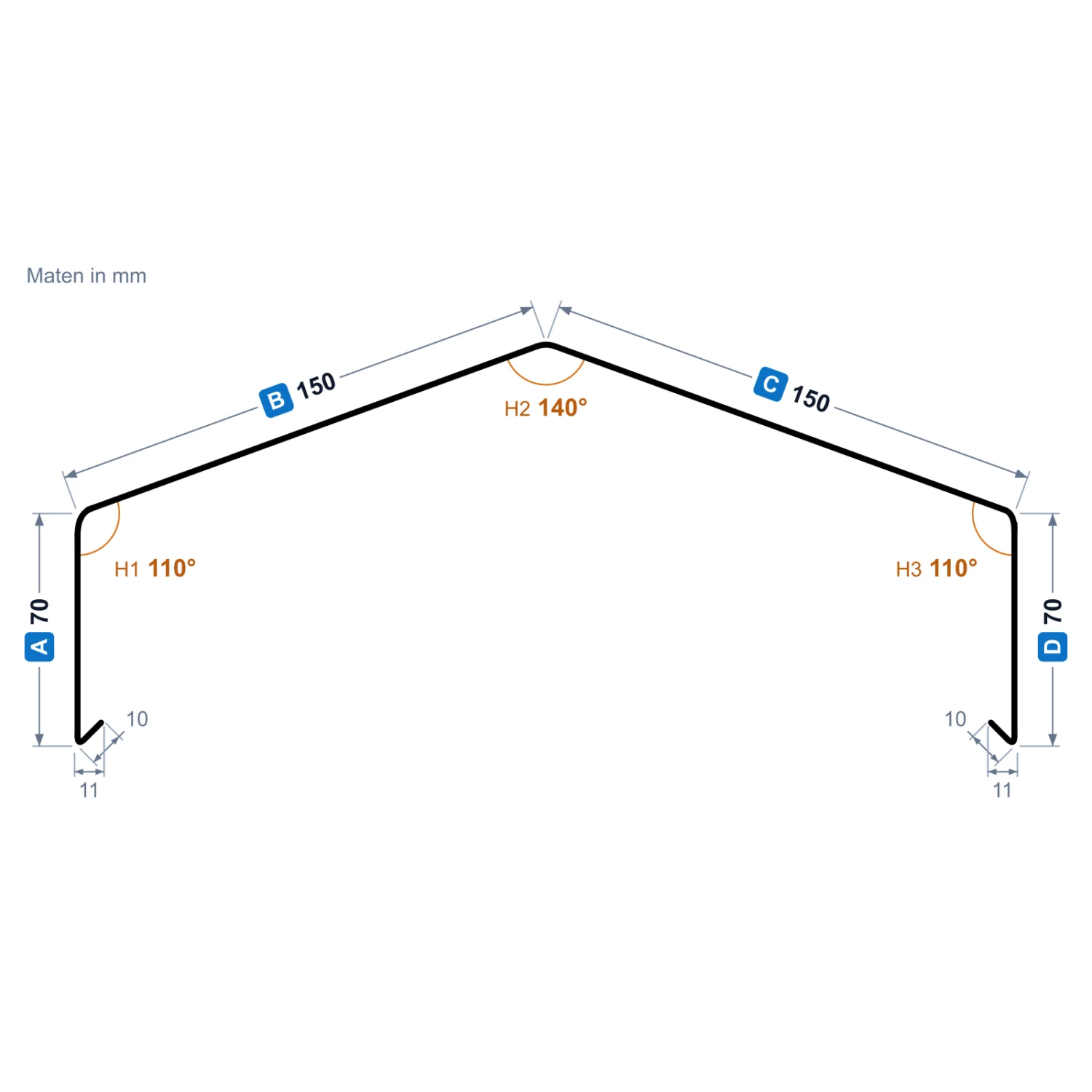 Profieltekening afdekker met punt in koper met buitenmaten, voorbeeld uit de configurator