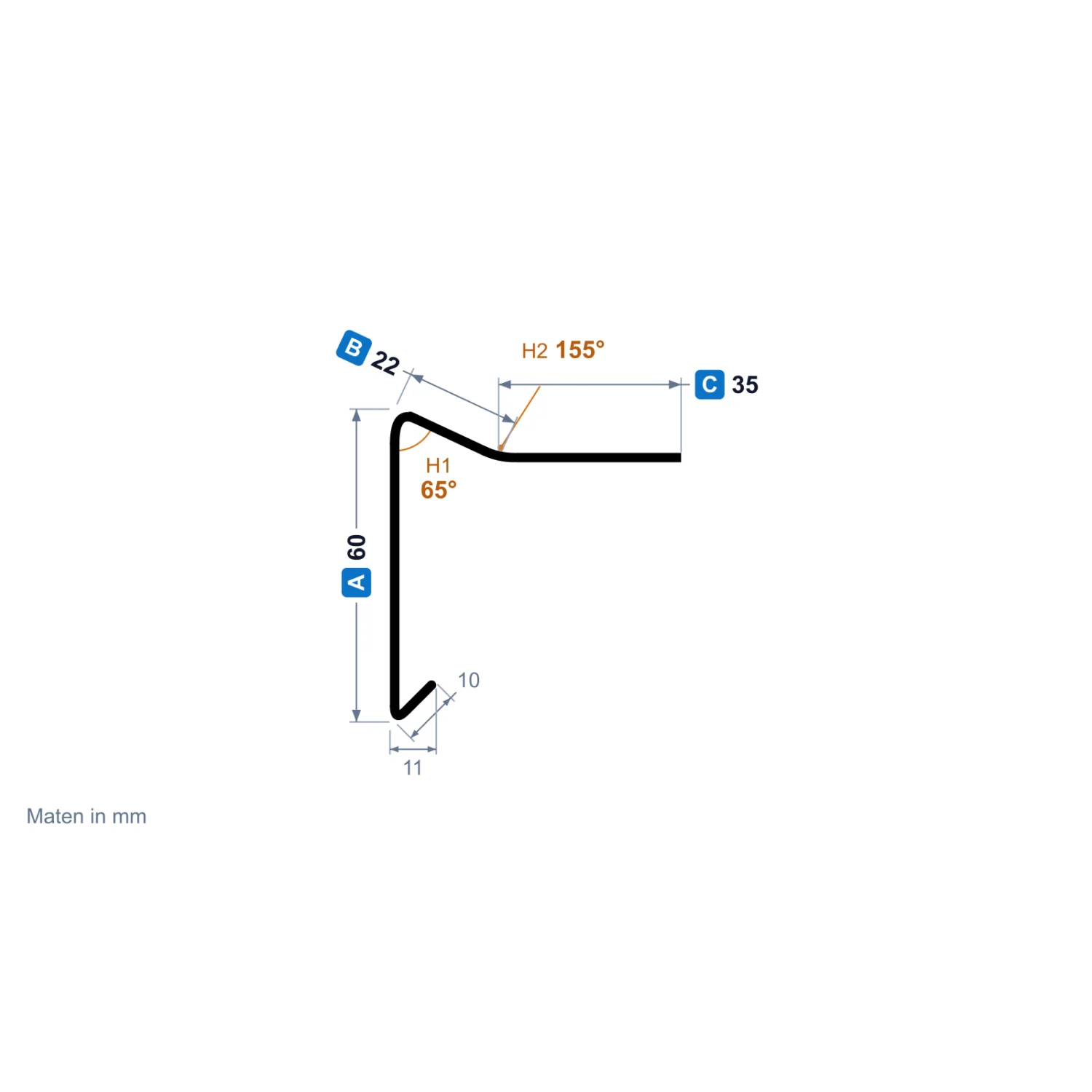 Profieltekening daktrim in koper met buitenmaten, voorbeeld uit de configurator