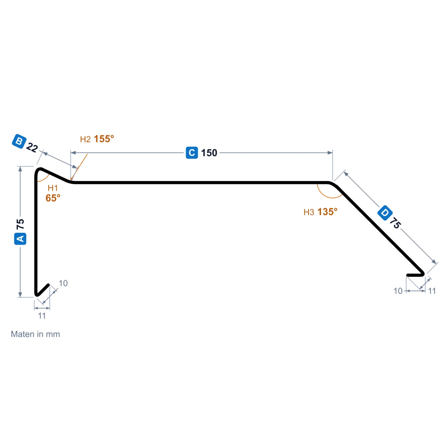 Profieltekening daktrim met kering met buitenmaten, voorbeeld uit de configurator