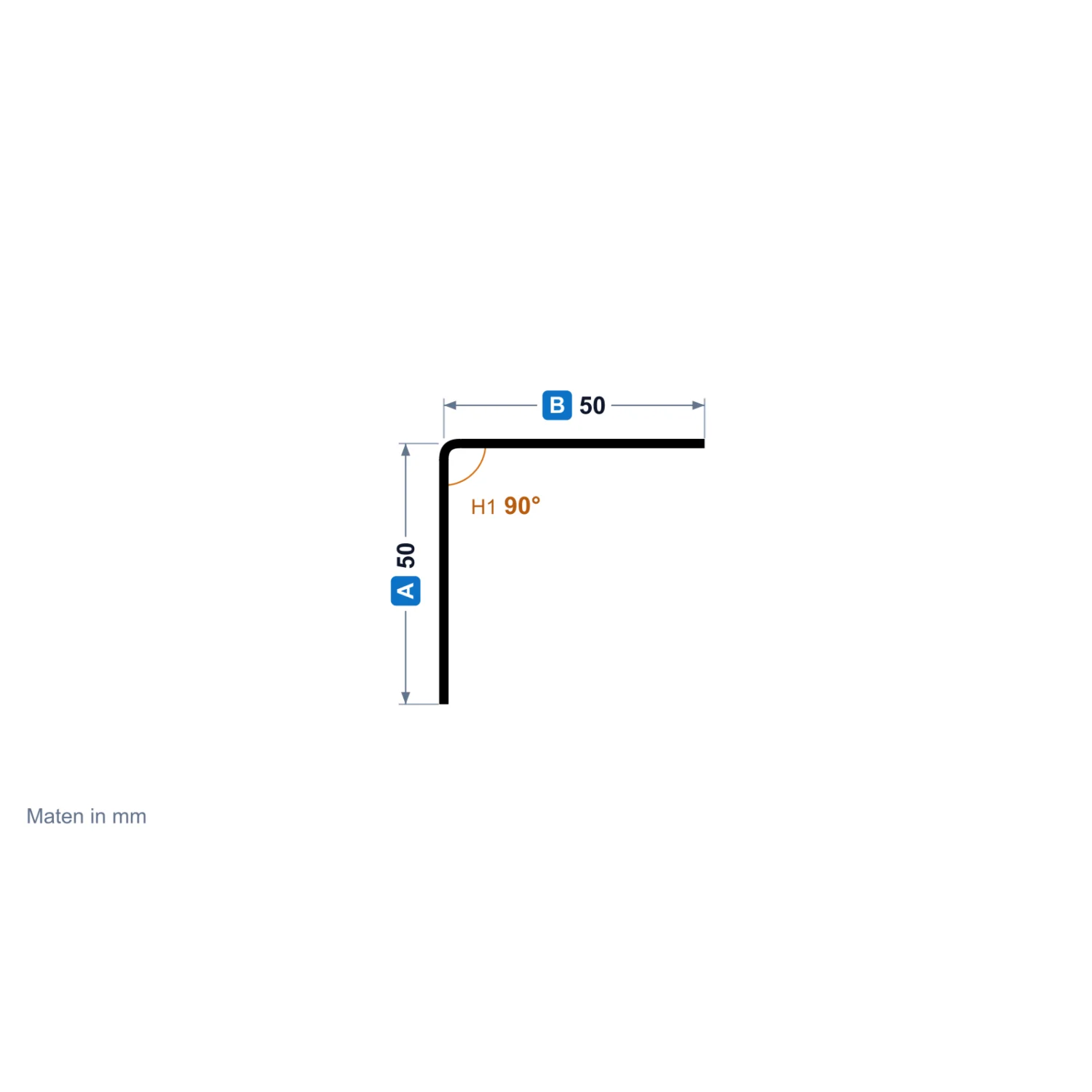 Profieltekening hoekprofiel in koper met buitenmaten, voorbeeld uit de configurator