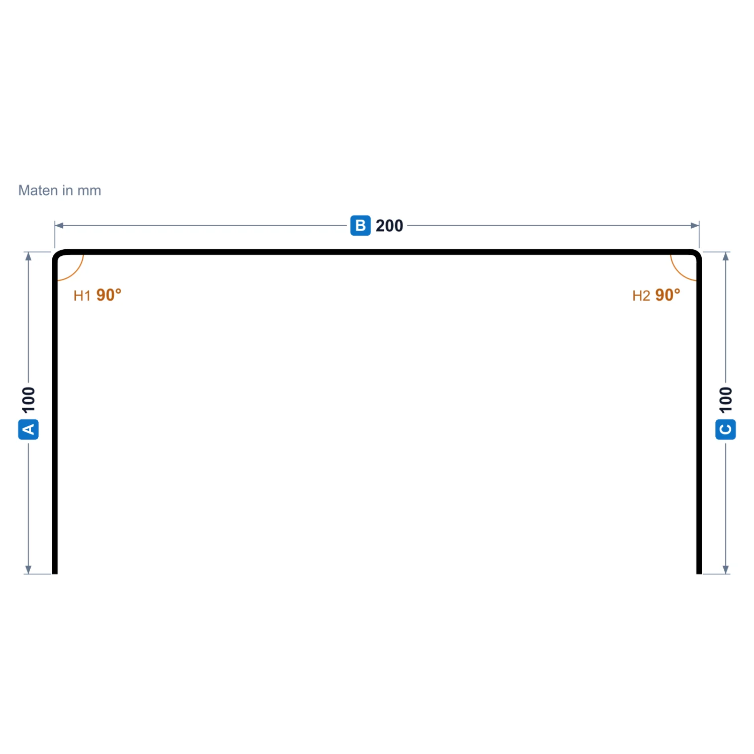 Profieltekening u-profiel in koper met buitenmaten, voorbeeld uit de configurator